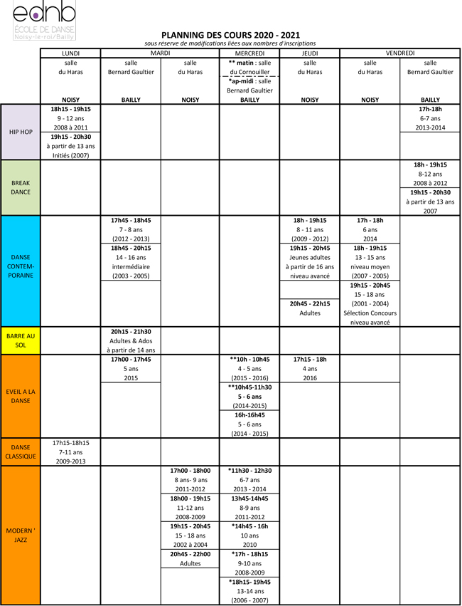 Planning des cours 2020-2021